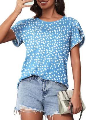 Women's Shirts Summer Casual Crewneck T Shirt Lace Crochet Short Sleeve Blouses Cute Floral Print Loose Tunic Tops