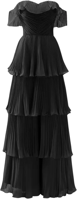 Women's Tiered Bridesmaid Dresses for Wedding Off Shoulder Chiffon Ruffles Long Formal Evening Gowns