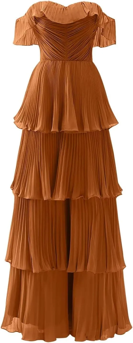 Women's Tiered Bridesmaid Dresses for Wedding Off Shoulder Chiffon Ruffles Long Formal Evening Gowns