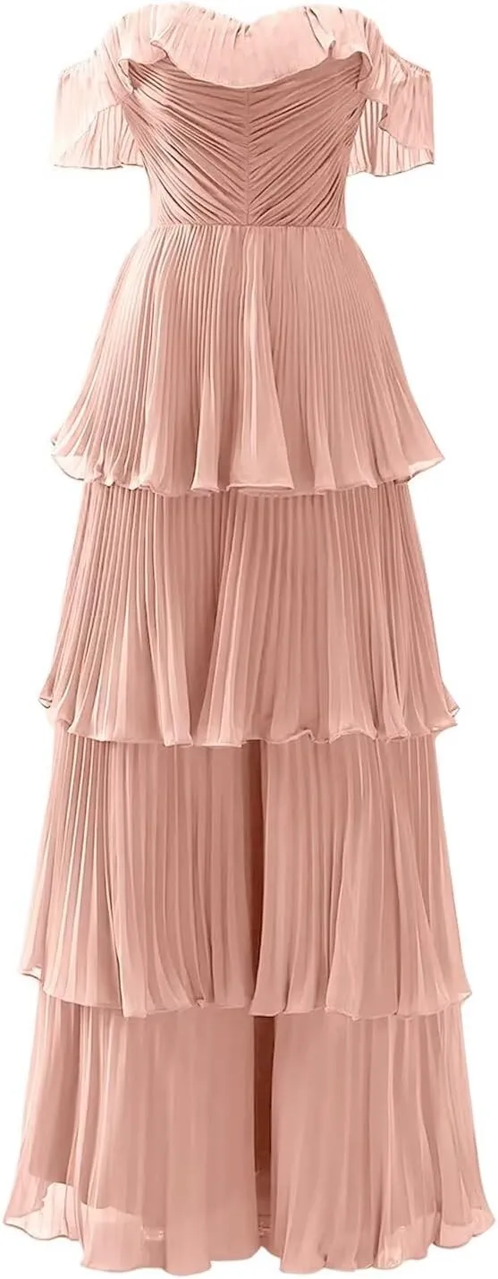 Women's Tiered Bridesmaid Dresses for Wedding Off Shoulder Chiffon Ruffles Long Formal Evening Gowns
