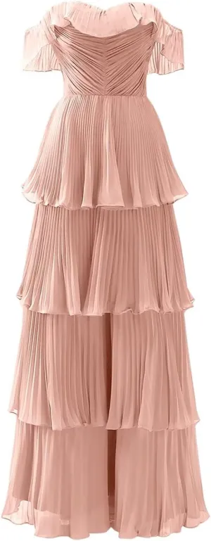 Women's Tiered Bridesmaid Dresses for Wedding Off Shoulder Chiffon Ruffles Long Formal Evening Gowns