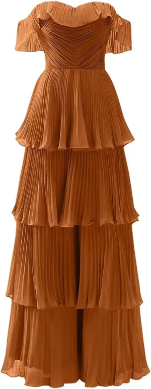 Women's Tiered Bridesmaid Dresses for Wedding Off Shoulder Chiffon Ruffles Long Formal Evening Gowns