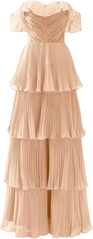 Women's Tiered Bridesmaid Dresses for Wedding Off Shoulder Chiffon Ruffles Long Formal Evening Gowns