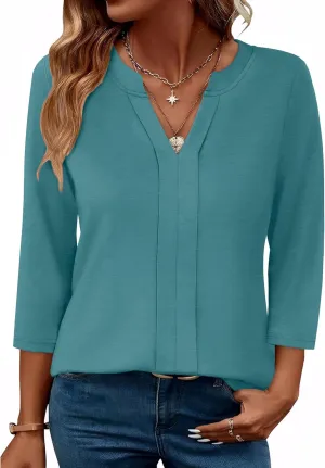 XIEERDUO 3/4 Length Sleeve Womens Tops V Neck Pleated Work Blouses Dressy Casual Summer Tops 2025 Trendy