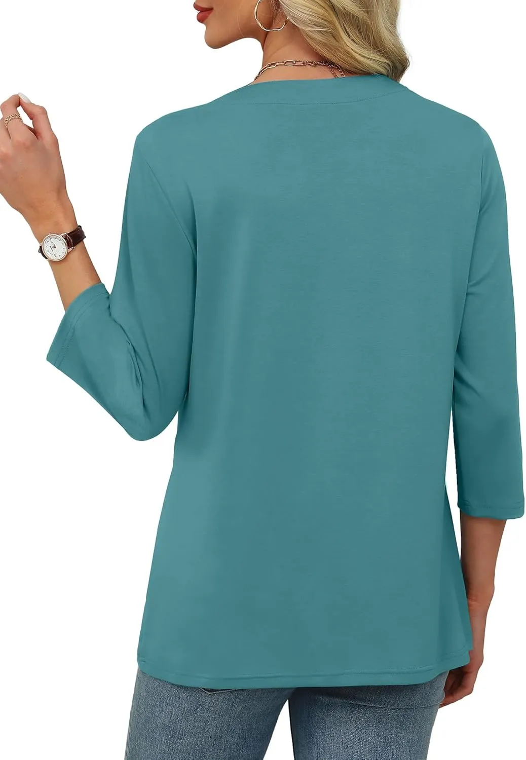XIEERDUO 3/4 Length Sleeve Womens Tops V Neck Pleated Work Blouses Dressy Casual Summer Tops 2025 Trendy