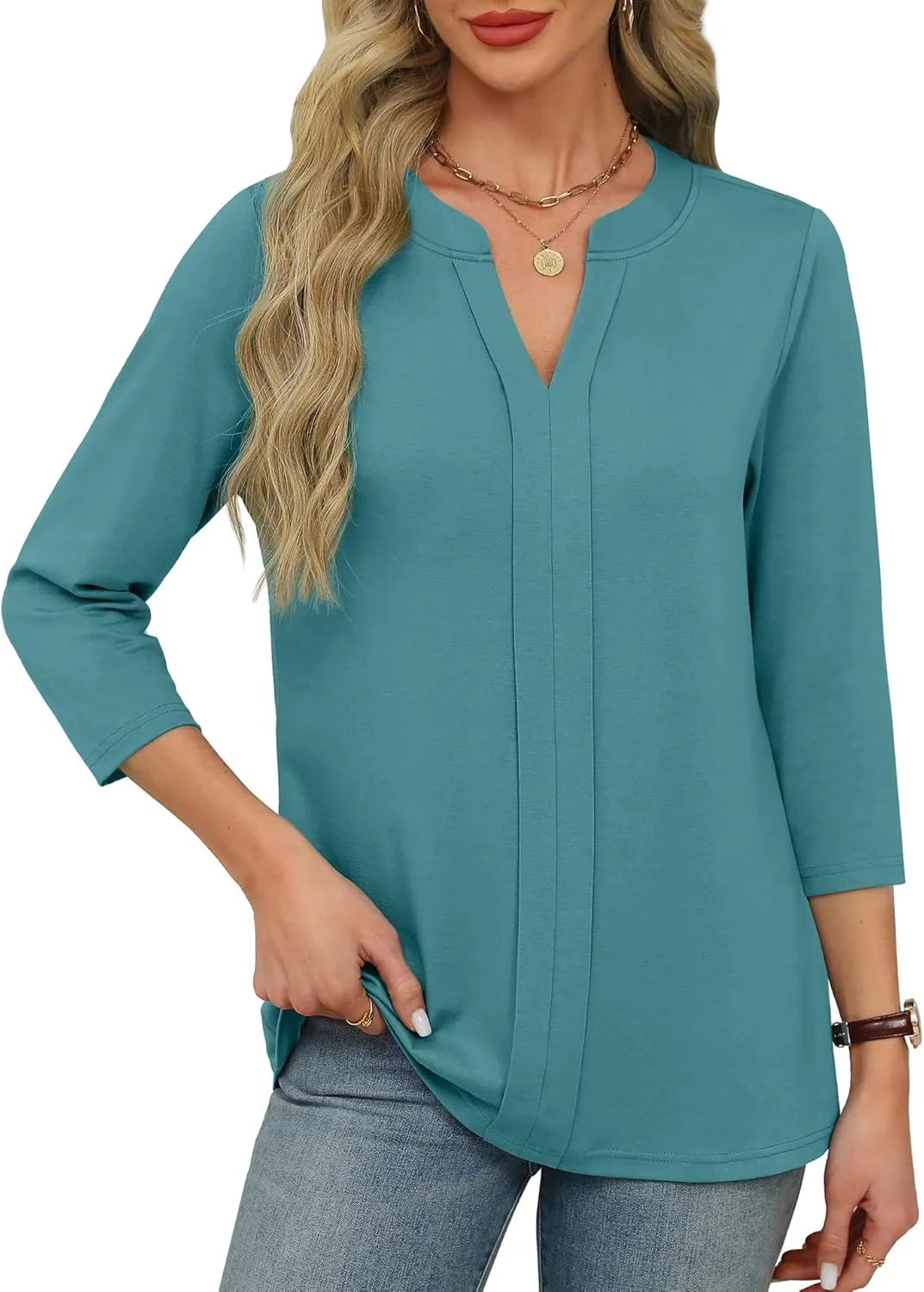 XIEERDUO 3/4 Length Sleeve Womens Tops V Neck Pleated Work Blouses Dressy Casual Summer Tops 2025 Trendy