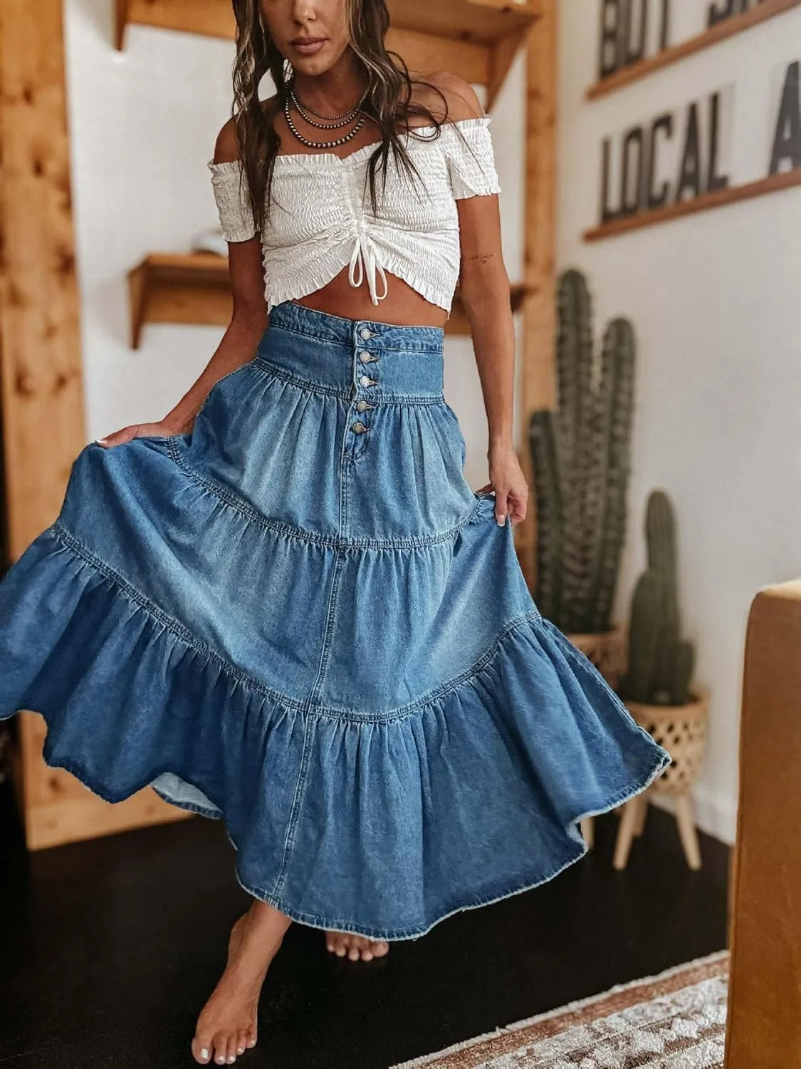 yoeasy Women's High Waist Denim Maxi Skirt Button Boho Flowy Pleated Tiered Ruffle Swing A-Line Jean Long Skirt