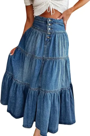 yoeasy Women's High Waist Denim Maxi Skirt Button Boho Flowy Pleated Tiered Ruffle Swing A-Line Jean Long Skirt