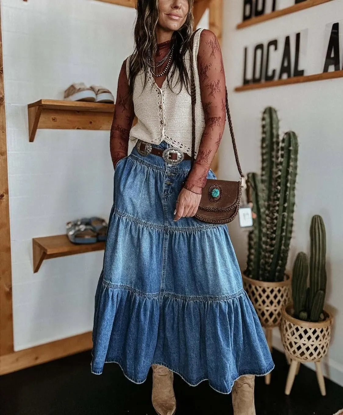 yoeasy Women's High Waist Denim Maxi Skirt Button Boho Flowy Pleated Tiered Ruffle Swing A-Line Jean Long Skirt