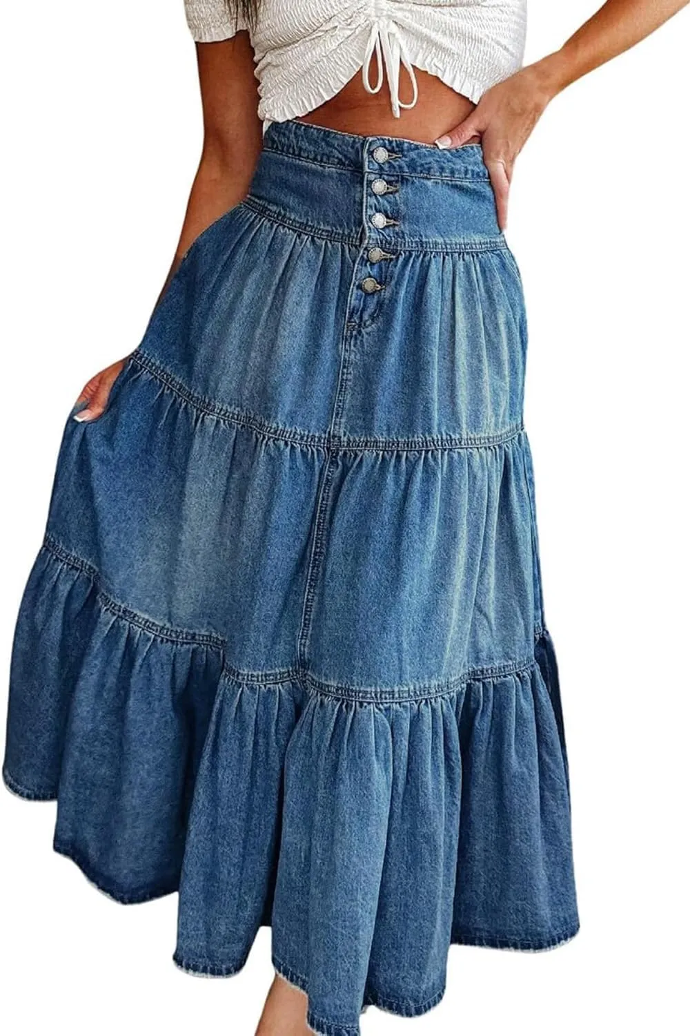 yoeasy Women's High Waist Denim Maxi Skirt Button Boho Flowy Pleated Tiered Ruffle Swing A-Line Jean Long Skirt