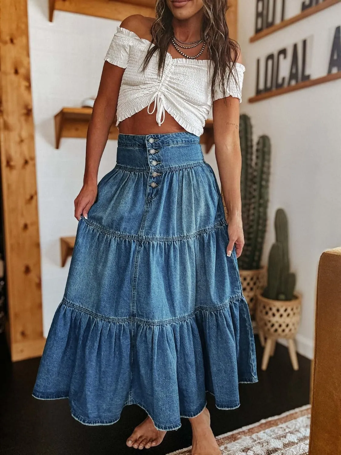 yoeasy Women's High Waist Denim Maxi Skirt Button Boho Flowy Pleated Tiered Ruffle Swing A-Line Jean Long Skirt